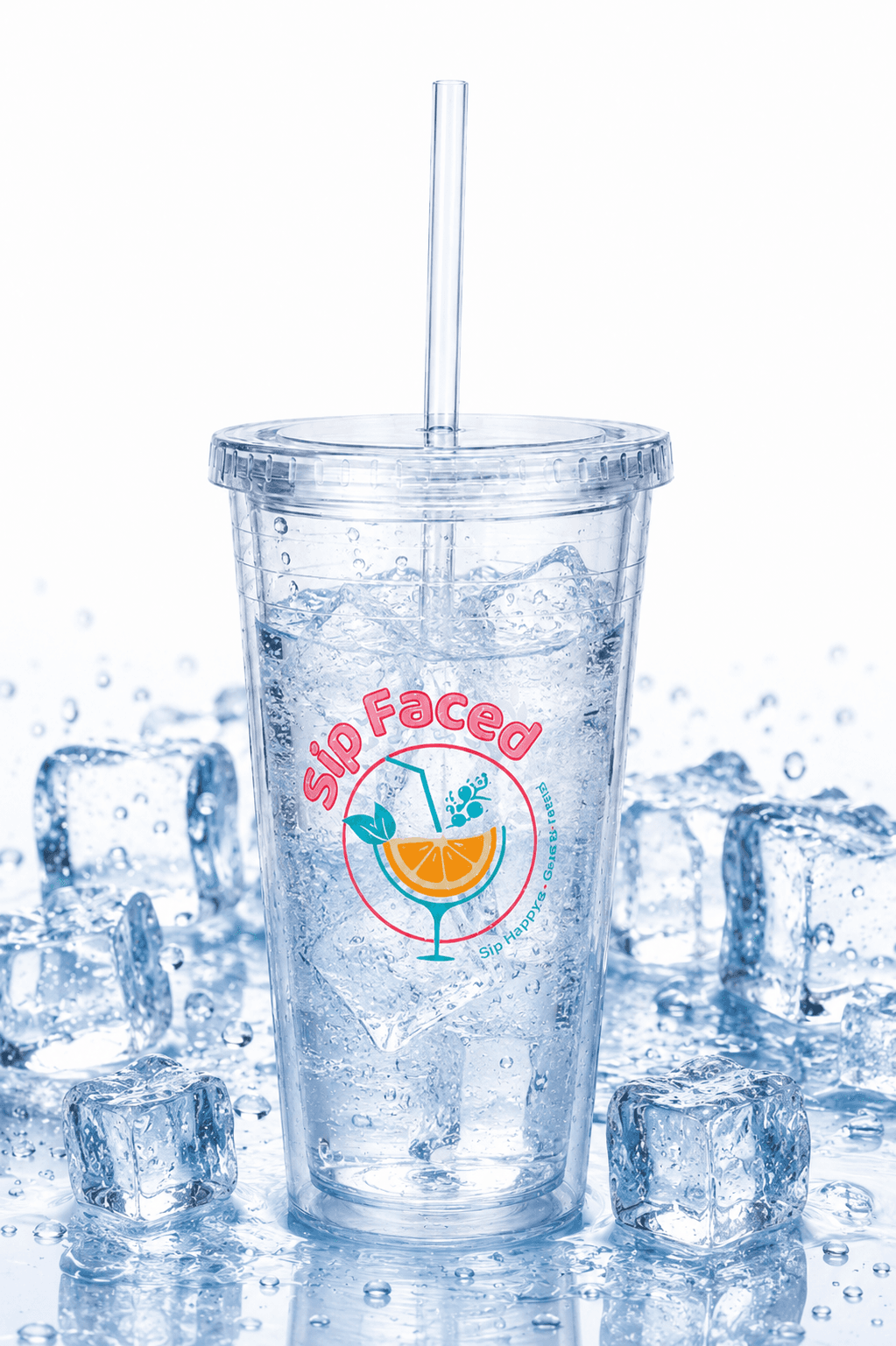 Sip Faced branded cup with ice cubes