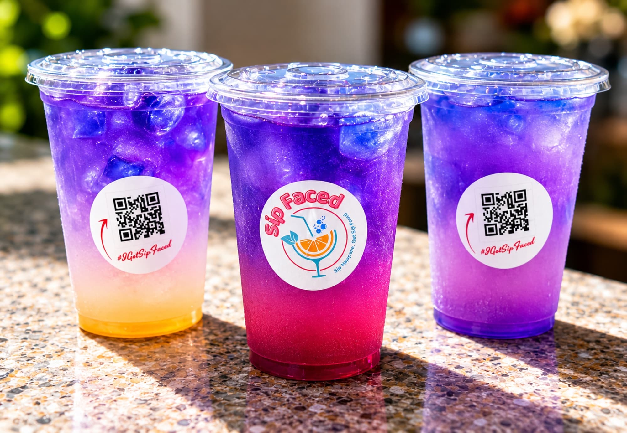 Three layered Sip Faced drinks with QR-coded brand labels